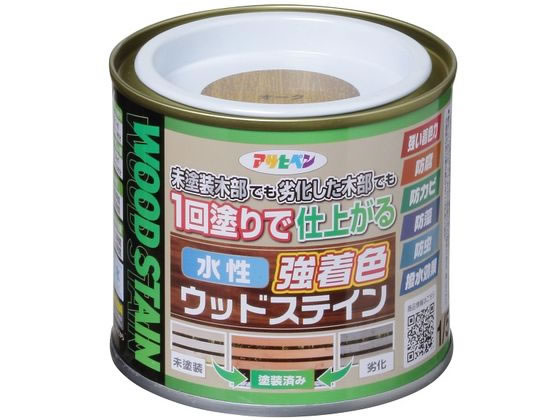 【商品説明】●隠ぺいが高い水性・低臭タイプ。●木目を生かした美しいステイン仕上げができ、優れた耐候性。●防腐・防カビ・防藻・防虫効果で長期間木部を美しく保つ。●撥水剤配合、長期間撥水性維持で木部を保護。●【用途】屋内外用、ガーデン用木製品、インテリア木部・木製品　※古い木材や旧塗膜のある木材は、必ず下地処理後に塗装。常時湿っている所や屋内の床面には適さない。【仕様】●容量：1／5L●色：オーク●標準塗り回数：1回塗り●光沢：ツヤ消し●塗膜の仕上がり：半透明●塗り面積：1回塗り／1．5〜2．1m2（タタミ：0．9〜1．3枚分）、吸い込みが激しい面／1．0〜1．4m2（タタミ：0．6〜0．8枚分）●塗料タイプ：水性アクリルウレタンエマルション樹脂塗料●乾燥時間：夏期／約2時間、冬期／約3時間●塗り重ね時間の目安：夏期／1〜3時間、冬期／2〜4時間【備考】※メーカーの都合により、パッケージ・仕様等は予告なく変更になる場合がございます。【検索用キーワード】アサヒペン　あさひぺん　水性強着色ウッドステイン　1　5L　オーク　水性　水性塗料　強着色　ウッドステイン　ステイン　木部　防腐　防カビ　防虫　防藻　1個　DIY　ペンキ　建築　補修　作業　作業用品　金物　塗装内装　塗料　塗装　X878MS着色力が強く、1回塗りで仕上がる木部専用塗料。