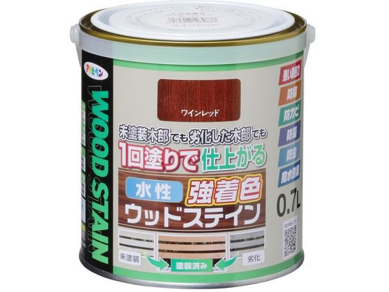 【商品説明】●隠ぺいが高い水性・低臭タイプ。●木目を生かした美しいステイン仕上げができ、優れた耐候性。●防腐・防カビ・防藻・防虫効果で長期間木部を美しく保つ。●撥水剤配合、長期間撥水性維持で木部を保護。●【用途】屋内外用、ガーデン用木製品、インテリア木部・木製品　※古い木材や旧塗膜のある木材は、必ず下地処理後に塗装。常時湿っている所や屋内の床面には適さない。【仕様】●標準塗り回数：1／光沢：ツヤ消／塗膜の仕上がり：半透明●塗料タイプ：水性アクリルウレタンエマルション樹脂塗料●容量：0．7L●色：ワインレッド●【塗り面積】［1回塗り］5．2〜7．2m2・タタミ：3．1〜4．3枚分、［吸い込みが激しい面］3．4〜4．8m2・タタミ：2．1〜2．9枚分●乾燥時間：夏期／約2時間、冬期／約3時間（塗り重ね時間の目安：夏期／1〜3時間、冬期／2〜4時間）【備考】※メーカーの都合により、パッケージ・仕様等は予告なく変更になる場合がございます。【検索用キーワード】アサヒペン　あさひぺん　水性強着色ウッドステイン　0．7L　ワインレッド　水性　水性塗料　強着色　ウッドステイン　ステイン　木部　防腐　防カビ　防虫　防藻　1個　DIY　ペンキ　建築　補修　作業　作業用品　金物　塗装内装　塗料　塗装　X893MS着色力が強く、1回塗りで仕上がる木部専用塗料。