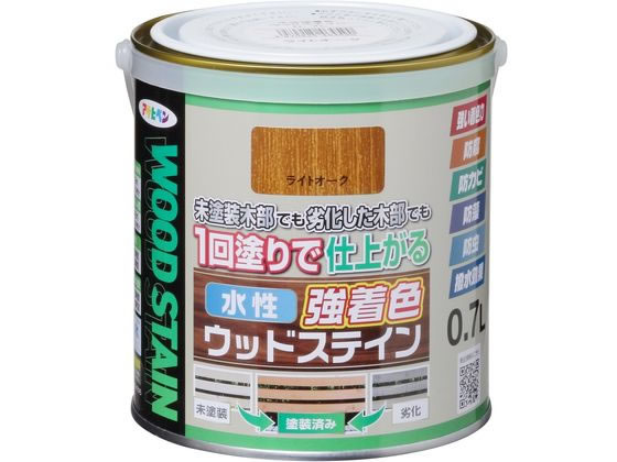 【商品説明】●隠ぺいが高い水性・低臭タイプ。●木目を生かした美しいステイン仕上げができ、優れた耐候性。●防腐・防カビ・防藻・防虫効果で長期間木部を美しく保つ。●撥水剤配合、長期間撥水性維持で木部を保護。●【用途】屋内外用、ガーデン用木製品、インテリア木部・木製品　※古い木材や旧塗膜のある木材は、必ず下地処理後に塗装。常時湿っている所や屋内の床面には適さない。【仕様】●標準塗り回数：1／光沢：ツヤ消／塗膜の仕上がり：半透明●塗料タイプ：水性アクリルウレタンエマルション樹脂塗料●容量：0．7L●色：ライトオーク●【塗り面積】［1回塗り］5．2〜7．2m2・タタミ：3．1〜4．3枚分、［吸い込みが激しい面］3．4〜4．8m2・タタミ：2．1〜2．9枚分●乾燥時間：夏期／約2時間、冬期／約3時間（塗り重ね時間の目安：夏期／1〜3時間、冬期／2〜4時間）【備考】※メーカーの都合により、パッケージ・仕様等は予告なく変更になる場合がございます。【検索用キーワード】アサヒペン　あさひぺん　水性強着色ウッドステイン　0．7L　ライトオーク　水性　水性塗料　強着色　ウッドステイン　ステイン　木部　防腐　防カビ　防虫　防藻　1個　DIY　ペンキ　建築　補修　作業　作業用品　金物　塗装内装　塗料　塗装　X895MS着色力が強く、1回塗りで仕上がる木部専用塗料。