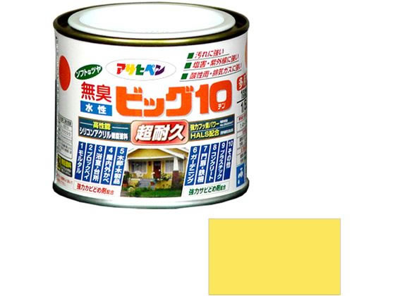 【商品説明】●特殊フッ素樹脂、反応硬化型シリコン変性アクリル樹脂、紫外線劣化防止剤（HALS）の相乗効果により、汚れにくく、耐久性が格段にすぐれた高性能塗料です。●白系塗料には自動車用塗料にも使用されている高性能二酸化チタンを使用しています。●いやな臭いのしない無臭タイプで、1回塗りで仕上がります。●サビドメ剤、防カビ剤を配合していますので、サビやカビの発生を防ぎます。【仕様】●内容量：1／5L●カラー：207ニースイエロー●重量：300g●標準塗り回数：1回塗り●光沢：半ツヤ●塗膜の仕上がり：不透明（下地を隠す）●塗料タイプ：フッ素樹脂配合水性シリコンアクリルエマルション樹脂塗料●乾燥時間：夏期　30〜60分／冬期　2〜3時間●塗り面積：1．4〜1．9m2（タタミ0．9〜1．2枚分）【備考】※メーカーの都合により、パッケージ・仕様等は予告なく変更になる場合がございます。【検索用キーワード】アサヒペン　あさひぺん　水性ビッグ10多用途　1　5L　207　ニースイエロー　水性　水性塗料　水性シリコンアクリル　シリコンアクリル　超耐久　ビッグテン　1個　多用途　DIY　ペンキ　建築　補修　作業　作業用品　金物　塗装内装　塗料　塗装　X574MDいろいろなところに塗れる万能型塗料。