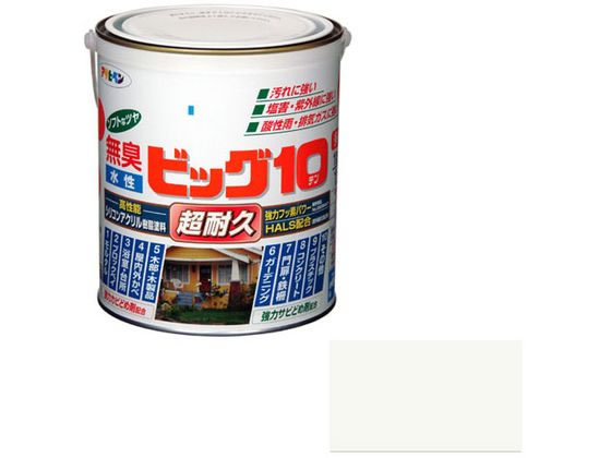 【商品説明】●特殊フッ素樹脂、反応硬化型シリコン変性アクリル樹脂、紫外線劣化防止剤（HALS）の相乗効果により、汚れにくく、耐久性が格段にすぐれた高性能塗料です。●白系塗料には自動車用塗料にも使用されている高性能二酸化チタンを使用しています。●いやな臭いのしない無臭タイプで、1回塗りで仕上がります。●サビドメ剤、防カビ剤を配合していますので、サビやカビの発生を防ぎます。【仕様】●内容量：1．6L●カラー：220アッシュホワイト●重量：2400g●標準塗り回数：1回塗り●光沢：半ツヤ●塗膜の仕上がり：不透明（下地を隠す）●塗料タイプ：フッ素樹脂配合水性シリコンアクリルエマルション樹脂塗料●乾燥時間：夏期　30〜60分／冬期　2〜3時間●塗り面積：11〜15m2（タタミ6〜9枚分）【備考】※メーカーの都合により、パッケージ・仕様等は予告なく変更になる場合がございます。【検索用キーワード】アサヒペン　あさひぺん　水性ビッグ10多用途　1．6L　220　アッシュホワイト　水性　水性塗料　水性シリコンアクリル　シリコンアクリル　超耐久　ビッグテン　1個　多用途　DIY　ペンキ　建築　補修　作業　作業用品　金物　塗装内装　塗料　塗装　X595MDいろいろなところに塗れる万能型塗料。