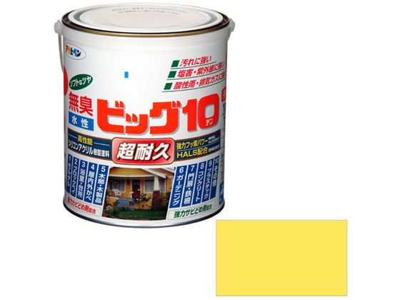 【商品説明】●特殊フッ素樹脂、反応硬化型シリコン変性アクリル樹脂、紫外線劣化防止剤（HALS）の相乗効果により、汚れにくく、耐久性が格段にすぐれた高性能塗料です。●白系塗料には自動車用塗料にも使用されている高性能二酸化チタンを使用しています。●いやな臭いのしない無臭タイプで、1回塗りで仕上がります。●サビドメ剤、防カビ剤を配合していますので、サビやカビの発生を防ぎます。【仕様】●内容量：1．6L●カラー：207ニースイエロー●重量：2400g●標準塗り回数：1回塗り●光沢：半ツヤ●塗膜の仕上がり：不透明（下地を隠す）●塗料タイプ：フッ素樹脂配合水性シリコンアクリルエマルション樹脂塗料●乾燥時間：夏期　30〜60分／冬期　2〜3時間●塗り面積：11〜15m2（タタミ6〜9枚分）【備考】※メーカーの都合により、パッケージ・仕様等は予告なく変更になる場合がございます。【検索用キーワード】アサヒペン　あさひぺん　水性ビッグ10多用途　1．6L　207　ニースイエロー　水性　水性塗料　水性シリコンアクリル　シリコンアクリル　超耐久　ビッグテン　1個　多用途　DIY　ペンキ　建築　補修　作業　作業用品　金物　塗装内装　塗料　塗装　X605MDいろいろなところに塗れる万能型塗料。