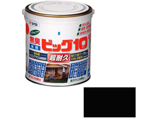 【商品説明】●特殊フッ素樹脂、反応硬化型シリコン変性アクリル樹脂、紫外線劣化防止剤（HALS）の相乗効果により、汚れにくく、耐久性が格段にすぐれた高性能塗料です。●白系塗料には自動車用塗料にも使用されている高性能二酸化チタンを使用しています。●いやな臭いのしない無臭タイプで、1回塗りで仕上がります。●サビドメ剤、防カビ剤を配合していますので、サビやカビの発生を防ぎます。【仕様】●内容量：0．7L●カラー：205黒●重量：1000g●標準塗り回数：1回塗り●光沢：半ツヤ●塗膜の仕上がり：不透明（下地を隠す）●塗料タイプ：フッ素樹脂配合水性シリコンアクリルエマルション樹脂塗料●乾燥時間：夏期　30〜60分／冬期　2〜3時間●塗り面積：5．0〜6．6m2（タタミ3〜4枚分）【備考】※メーカーの都合により、パッケージ・仕様等は予告なく変更になる場合がございます。【検索用キーワード】アサヒペン　あさひぺん　水性ビッグ10多用途　0．7L　205　黒　水性　水性塗料　水性シリコンアクリル　シリコンアクリル　超耐久　ビッグテン　1個　多用途　DIY　ペンキ　建築　補修　作業　作業用品　金物　塗装内装　塗料　塗装　X638MDいろいろなところに塗れる万能型塗料。