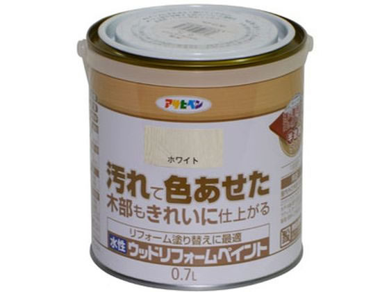 【商品説明】●水性で塗りやすく、低臭タイプの木部保護塗料。●1回塗りで隠ぺい性が高いので、汚れて色あせた木部もきれいに仕上がり、リフォーム塗り替えに最適。●紫外線吸収剤、防かび剤、はっ水剤、防藻剤、防腐剤配合で木部を劣化から守ります。●【用途】適した場所：屋内外区分　屋内外用。●屋内外の木部・木製品。【仕様】●内容量：0．7L●カラー：ホワイト●重量：1000g●成分：合成樹脂（アクリル・ウレタン）、顔料、防カビ剤、防藻剤、防腐剤、防虫剤、はっ水剤、紫外線吸収剤、水●標準塗り回数：1回塗り●乾燥時間：夏期　2時間／冬期　4時間●塗り重ね時間の目安：夏期　1〜3時間／冬期　2〜5時間●塗り面積：5〜7m2（タタミ3．2〜4．2枚分）、3〜5m2（タタミ2．1〜3．0枚分）【備考】※メーカーの都合により、パッケージ・仕様等は予告なく変更になる場合がございます。【検索用キーワード】アサヒペン　水性ウッドリフォームペイント　0．7L　ホワイト　水性　水性塗料　塗料　ペンキ　屋内　屋内用　屋外　屋外用　防カビ　防藻　防腐　防虫　はっ水　紫外線吸収　1個　1缶　ホワイト　白　シロ　しろ　木部　木製品　木部保護塗料　リフォーム　作業　DIY　建築　作業用品　金物　塗装内装　内装　外装　X497MN汚れて色あせた木部もきれいに仕上がる。