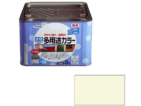 【商品説明】汚れにくく、耐久性が優れた高性能塗料です。強力防カビ剤を配合していますので、長期間カビの発生を防ぎます。サビドメ剤を配合していますので、サビの発生を防ぎます。いやな臭いのしない無臭タイプで、1回塗りで仕上がります。厚塗りしてもタレにくく、大変塗りやすい塗料です。コンクリート・ブロックなどの外壁や塀、トタン屋根、ドア・雨戸など屋内外の家具・木工品、フェンス・門・扉などの鉄部の塗装に。【仕様】●内容量：5L●カラー：ミルキーホワイト●重量：7000g●標準塗り回数：1回塗り●光沢：ツヤあり●塗膜の仕上がり：不透明（下地を隠す）●塗料タイプ：水性シリコンアクリルエマルション樹脂塗料●乾燥時間：夏期　30〜60分／冬期　2〜3時間●塗り面積：36〜47m2（タタミ21〜28枚分）【備考】※メーカーの都合により、パッケージ・仕様等は予告なく変更になる場合がございます。【検索用キーワード】アサヒペン　あさひぺん　asahipen　水性多用途カラー5L　水性　多用途　カラー　5L　すいせいたようとからー　スイセイタヨウトカラー　塗装用品　とそうようひん　屋内外　屋内外用　水性　1個　5L　5リットル　ミルキーホワイト　みるきーほわいと　DIY　建築　コンクリート　ブロック　外壁　塀　トタン屋根　ドア　雨戸　屋内外の家具　木工品　フェンス　門　扉　鉄部の塗装　無臭タイプ　1回塗り　作業用品　金物　塗装内装　塗料　塗装　塗料　X436MSコストパフォーマンスに優れた水性多用途塗料。