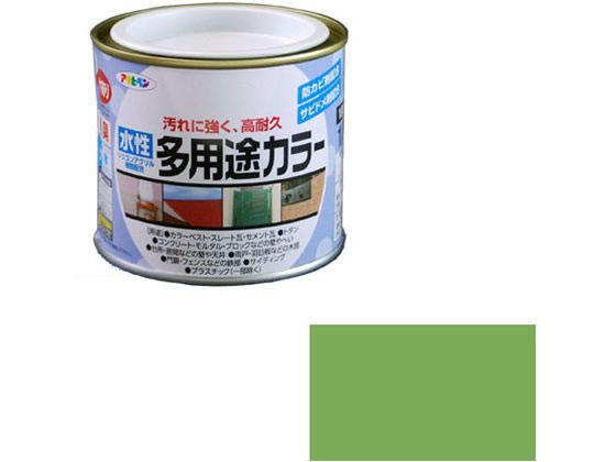 【商品説明】汚れにくく、耐久性が優れた高性能塗料です。強力防カビ剤を配合していますので、長期間カビの発生を防ぎます。サビドメ剤を配合していますので、サビの発生を防ぎます。いやな臭いのしない無臭タイプで、1回塗りで仕上がります。厚塗りしてもタレにくく、大変塗りやすい塗料です。コンクリート・ブロックなどの外壁や塀、トタン屋根、ドア・雨戸など屋内外の家具・木工品、フェンス・門・扉などの鉄部の塗装に。【仕様】●内容量：1／5L●カラー：若草色●重量：350g●標準塗り回数：1回塗り●光沢：ツヤあり●塗膜の仕上がり：不透明（下地を隠す）●塗料タイプ：水性シリコンアクリルエマルション樹脂塗料●乾燥時間：夏期　30〜60分／冬期　2〜3時間●塗り面積：1．4〜1．9m2（タタミ0．9〜1．2枚分）【備考】※メーカーの都合により、パッケージ・仕様等は予告なく変更になる場合がございます。【検索用キーワード】アサヒペン　あさひぺん　asahipen　水性多用途カラー　水性　多用途カラー　すいせいたようとからー　スイセイタヨウトカラー　塗装用品　とそうようひん　屋内外　屋内外用　水性　1個　200ml　200ミリリットル　若草色　わかくさいろ　ワカクサイロ　DIY　建築　コンクリート　ブロック　外壁　塀　トタン屋根　ドア　雨戸　屋内外の家具　木工品　フェンス　門　扉　鉄部の塗装　無臭タイプ　1回塗り　作業用品　金物　塗装内装　塗料　塗装　塗料　X458MSコストパフォーマンスに優れた水性多用途塗料。