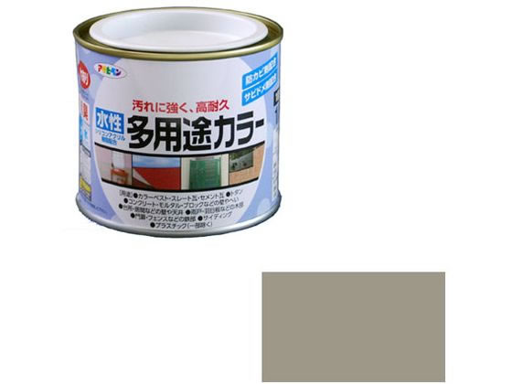 【商品説明】汚れにくく、耐久性が優れた高性能塗料です。強力防カビ剤を配合していますので、長期間カビの発生を防ぎます。サビドメ剤を配合していますので、サビの発生を防ぎます。いやな臭いのしない無臭タイプで、1回塗りで仕上がります。厚塗りしてもタレにくく、大変塗りやすい塗料です。コンクリート・ブロックなどの外壁や塀、トタン屋根、ドア・雨戸など屋内外の家具・木工品、フェンス・門・扉などの鉄部の塗装に。【仕様】●内容量：1／5L●カラー：ライトグレー●重量：350g●標準塗り回数：1回塗り●光沢：ツヤあり●塗膜の仕上がり：不透明（下地を隠す）●塗料タイプ：水性シリコンアクリルエマルション樹脂塗料●乾燥時間：夏期　30〜60分／冬期　2〜3時間●塗り面積：1．4〜1．9m2（タタミ0．9〜1．2枚分）【備考】※メーカーの都合により、パッケージ・仕様等は予告なく変更になる場合がございます。【検索用キーワード】アサヒペン　あさひぺん　asahipen　水性多用途カラー　水性　多用途カラー　すいせいたようとからー　スイセイタヨウトカラー　塗装用品　とそうようひん　屋内外　屋内外用　水性　1個　200ml　200ミリリットル　ライトグレー　らいとぐれー　DIY　建築　コンクリート　ブロック　外壁　塀　トタン屋根　ドア　雨戸　屋内外の家具　木工品　フェンス　門　扉　鉄部の塗装　無臭タイプ　1回塗り　作業用品　金物　塗装内装　塗料　塗装　塗料　X463MSコストパフォーマンスに優れた水性多用途塗料。