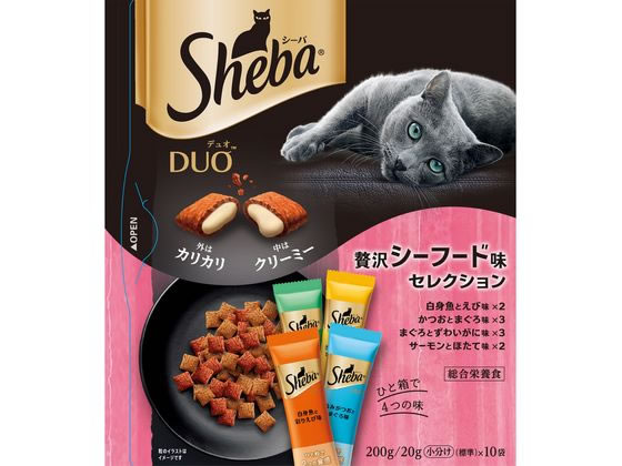 【商品説明】1粒で2つの食感、猫が夢中になるおいしさ【仕様】●セット内容：白身魚とえび味×2、かつおとまぐろ味×3、まぐろとずわいがに味×3、サーモンとほたて味×2●内容量：200g（小分け10袋）●総合栄養食【備考】※メーカーの都合により、パッケージ・仕様等は予告なく変更になる場合がございます。【検索用キーワード】まーすじゃぱんりみてっど　マースジャパンリミテッド　MARSJAPAN　シーバデュオ贅沢シーフード味セレクション　シーバデュオ　成猫用　全猫用　1歳以上　総合栄養食　1箱で4つの味　小分け　ペットフード　キャットフード　エサ　餌　えさ　シーバ　しーば　shebaデュオ　贅沢シーフード味　セレクション　全成長段階　2つの食感　猫が夢中　白身魚とえび味　かつおとまぐろ味　まぐろとずわいがに味　サーモンとほたて味　1箱　10袋　総合栄養食　ペット　猫　キャット　ドライフード　X817NW【全成長段階】　200g