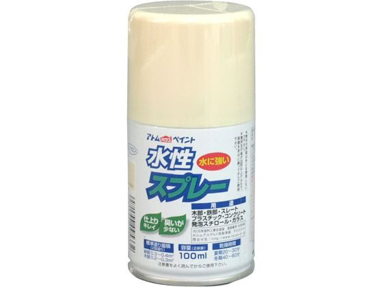 【商品説明】鮮やかな光沢（つや消し色は除く）で速乾性。臭いも少なく扱いやすい。霧が細かいのでタレにくく、誰でも綺麗に吹けます。発泡スチロールや段ボール（はっ水加工部は除く）にも塗装ができますので、学園祭や文化祭、体育祭などのイベントにも最適です。乾くと水にも落ちることなく、長期間美しいツヤと色合いを維持します。【仕様】●色：ベージュ●サイズ：52×52×110mm●重量：150g●属性／仕上がり感／塗り回数：水性つやあり／2回塗り●用途：鉄部、木部、コンクリート、プラスティック、ガラス、スレート、段ボール、発泡スチロール等●塗り面積：100ML：0．2〜0．4m2（タタミ枚数換算約1／5枚）、300ML：0．7〜1．2m2（タタミ枚数換算約1／2枚）●表面乾燥時間：乾燥時間：夏期20〜30分、冬期40〜60分【備考】※メーカーの都合により、パッケージ・仕様等は予告なく変更になる場合がございます。【検索用キーワード】アトムペイント　あとむぺいんと　水性スプレー100mlベージュ　水性スプレー　水性　スプレー　ベージュ　100ml　土木　建築資材　塗装　養生　内装用品　X726PL鮮やかな光沢（つや消し色は除く）で速乾性。