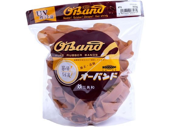 【仕様】●番手：＃70●色：アメ色●容量：500g●折径（内径）：280mm（178mm）●材質：天然ゴム●推奨結束範囲：620〜1000mm●切幅：21mm●厚み：1．1mm●入数：約40本●注文単位：1袋※内容量の本数は、平均値から求めた参考値となり、保証される数量では御座いませんのでご了承下さい。※推奨結束範囲は、1重巻きを想定した場合の結束したい物の外周参考値となります。※保管・使用上の注意：天然ゴムを使用しています。ご使用の条件によっては結束物にゴムが付着したり、結束物が変色する場合がまれにあります。電線は束ねたままで通電しないでください。紫外線や熱を長期間かかる場所でご使用されると輪ゴムが切れる場合がございます。直射日光および高温多湿な場所をさけて保管してください。商品の材質、品質保持（くっつき防止や表面保護）などのため、白い粉が付着しております。人体に有害な物質ではないですが、目や口に入らないように十分気をつけて下さい。【備考】※メーカーの都合により、パッケージ・仕様等は予告なく変更になる場合がございます。【検索用キーワード】共和　きょうわ　キョウワ　KYOWA　輪ゴム　オーバンド　透明袋　＃70　アメ　500g　おーばんど　OBAND　とうめいぶくろ　とうめいふくろ　トウメイブクロ　トウメイフクロ　あめ　オーバンド透明袋　おーばんどとうめいふくろ　オーバンドトウメイフクロ　OBAND　CLEARPACK　わごむ　ワゴム　ゴムバンド　70番　70号　1袋　500g　業務用徳用パック　アメ色　あめいろ　結束　束ねる　留める　まとめる　縛る　GTA−N−001　GTAN001　極太の輪ゴム　輪ゴムの番手を探す　輪ゴムのサイズを探す　結束用品　輪ゴム・ゴムバンド　X724PW最適なサイズと容量が選びやすく！