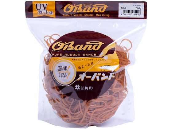 【仕様】●番手：＃760●色：アメ色●容量：500g●折径（内径）：300mm（191mm）●材質：天然ゴム●推奨結束範囲：1250〜1330mm●切幅：3mm●厚み：1．1mm●入数：約260本●注文単位：1袋※内容量の本数は、平均値から求めた参考値となり、保証される数量では御座いませんのでご了承下さい。※推奨結束範囲は、1重巻きを想定した場合の結束したい物の外周参考値となります。※保管・使用上の注意：天然ゴムを使用しています。ご使用の条件によっては結束物にゴムが付着したり、結束物が変色する場合がまれにあります。電線は束ねたままで通電しないでください。紫外線や熱を長期間かかる場所でご使用されると輪ゴムが切れる場合がございます。直射日光および高温多湿な場所をさけて保管してください。商品の材質、品質保持（くっつき防止や表面保護）などのため、白い粉が付着しております。人体に有害な物質ではないですが、目や口に入らないように十分気をつけて下さい。【備考】※メーカーの都合により、パッケージ・仕様等は予告なく変更になる場合がございます。【検索用キーワード】共和　きょうわ　キョウワ　KYOWA　輪ゴム　オーバンド　透明袋　＃760　アメ　500g　おーばんど　OBAND　とうめいぶくろ　とうめいふくろ　トウメイブクロ　トウメイフクロ　あめ　オーバンド透明袋　おーばんどとうめいふくろ　オーバンドトウメイフクロ　OBAND　CLEARPACK　わごむ　ワゴム　ゴムバンド　760番　760号　1袋　500g　業務用徳用パック　アメ色　あめいろ　結束　束ねる　留める　まとめる　縛る　GTA−N−006　GTAN006　少し太めの輪ゴム　輪ゴムの番手を探す　輪ゴムのサイズを探す　結束用品　輪ゴム・ゴムバンド　X734PW最適なサイズと容量が選びやすく！