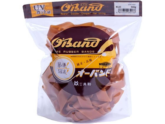 【仕様】●番手：＃120●色：アメ色●容量：500g●折径（内径）：480mm（305mm）●材質：天然ゴム●推奨結束範囲：1020〜1730mm●切幅：21mm●厚み：1．1mm●入数：約20本●注文単位：1袋※内容量の本数は、平均値から求めた参考値となり、保証される数量では御座いませんのでご了承下さい。※推奨結束範囲は、1重巻きを想定した場合の結束したい物の外周参考値となります。※保管・使用上の注意：天然ゴムを使用しています。ご使用の条件によっては結束物にゴムが付着したり、結束物が変色する場合がまれにあります。電線は束ねたままで通電しないでください。紫外線や熱を長期間かかる場所でご使用されると輪ゴムが切れる場合がございます。直射日光および高温多湿な場所をさけて保管してください。商品の材質、品質保持（くっつき防止や表面保護）などのため、白い粉が付着しております。人体に有害な物質ではないですが、目や口に入らないように十分気をつけて下さい。【備考】※メーカーの都合により、パッケージ・仕様等は予告なく変更になる場合がございます。【検索用キーワード】共和　きょうわ　キョウワ　KYOWA　輪ゴム　オーバンド　透明袋　＃120　アメ　500g　おーばんど　OBAND　とうめいぶくろ　とうめいふくろ　トウメイブクロ　トウメイフクロ　あめ　オーバンド透明袋　おーばんどとうめいふくろ　オーバンドトウメイフクロ　OBAND　CLEARPACK　わごむ　ワゴム　ゴムバンド　120番　120号　1袋　500g　業務用徳用パック　アメ色　あめいろ　結束　束ねる　留める　まとめる　縛る　GTA−N−017　GTAN017　極太の輪ゴム　輪ゴムの番手を探す　輪ゴムのサイズを探す　結束用品　輪ゴム・ゴムバンド　X820PW最適なサイズと容量が選びやすく！
