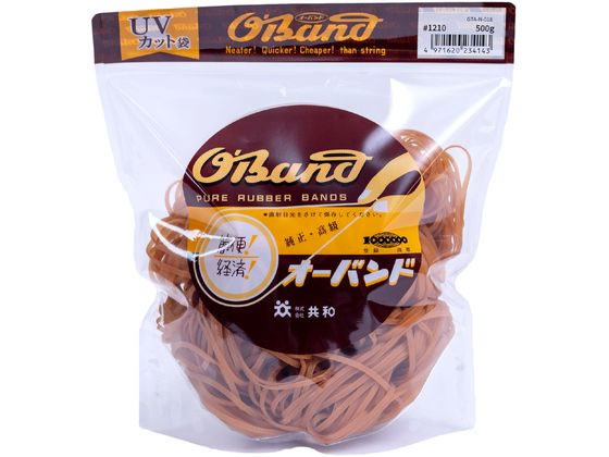 【仕様】●番手：＃1210●色：アメ色●容量：500g●折径（内径）：480mm（305mm）●材質：天然ゴム●推奨結束範囲：1780〜2220mm●切幅：3mm●厚み：1．1mm●入数：約140本●注文単位：1袋※内容量の本数は、平均値から求めた参考値となり、保証される数量では御座いませんのでご了承下さい。※推奨結束範囲は、1重巻きを想定した場合の結束したい物の外周参考値となります。※保管・使用上の注意：天然ゴムを使用しています。ご使用の条件によっては結束物にゴムが付着したり、結束物が変色する場合がまれにあります。電線は束ねたままで通電しないでください。紫外線や熱を長期間かかる場所でご使用されると輪ゴムが切れる場合がございます。直射日光および高温多湿な場所をさけて保管してください。商品の材質、品質保持（くっつき防止や表面保護）などのため、白い粉が付着しております。人体に有害な物質ではないですが、目や口に入らないように十分気をつけて下さい。【備考】※メーカーの都合により、パッケージ・仕様等は予告なく変更になる場合がございます。【検索用キーワード】共和　きょうわ　キョウワ　KYOWA　輪ゴム　オーバンド　透明袋　＃1210　アメ　500g　おーばんど　OBAND　とうめいぶくろ　とうめいふくろ　トウメイブクロ　トウメイフクロ　あめ　オーバンド透明袋　おーばんどとうめいふくろ　オーバンドトウメイフクロ　OBAND　CLEARPACK　わごむ　ワゴム　ゴムバンド　1210番　1210号　1袋　500g　業務用徳用パック　アメ色　あめいろ　結束　束ねる　留める　まとめる　縛る　GTA−N−018　GTAN018　少し太めの輪ゴム　輪ゴムの番手を探す　輪ゴムのサイズを探す　結束用品　輪ゴム・ゴムバンド　X822PW最適なサイズと容量が選びやすく！