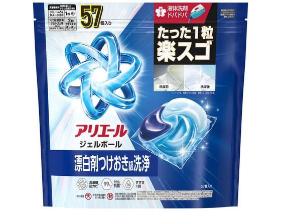 【商品説明】1粒で究極パーフェクト　柔軟剤効果4in1　すすぎ1回OK！ドラム式・自動投入式OK！ファブリーズ、レノアと共同開発。まるごと洗浄消臭・完全楽スゴ洗剤・4層パワー・洗濯槽のカビ防止・漂白剤つけ置きパワー・強力洗浄消臭＆抗菌黒ずみ防止清潔でさわやかな香りのジェルボール。【仕様】●つめかえ用（メガジャンボサイズ）●液性：中性●成分：界面活性剤（69％：アルキルエーテル硫酸エステル塩、ポリオキシエチレンアルキルエーテル、直鎖アルキルベンゼンスルホン酸塩、純せっけん分（脂肪酸塩））、安定化剤（プロピレングリコール）、分散剤、水軟化剤、香料、蛍光増白剤、酵素●注文単位：1袋【備考】※メーカーの都合により、パッケージ・仕様等は予告なく変更になる場合がございます。【検索用キーワード】P＆Gジャパン　ピーアンドジージャパン　ぴーあんどじーじゃぱん　アリエールジェルボールプロ　替　メガジャンボ　57個　アリエール　ジェルボールプロ　ジェルボール　プロ　ありえーる　じぇるぼーるぷろ　じぇるぼーる　ぷろ　洗濯用品　洗剤　衣料用洗剤　液体　詰替　詰替え　つめかえ　ツメカエ　洗濯　洗剤　ジェルボール　大容量　1袋　57個　洗剤　衣料用洗剤　X355TN部屋干しでも天日干し級の爽やかさ