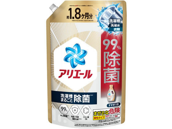 【商品説明】約1．8ヶ月分（週に約4．7回、2．8kgを洗たく（本品35mL使用）の場合）。超抗菌プレミアム＊1、部屋干し超消臭＊2、99％抗菌、クエン酸配合で除菌＋抗菌のW効果！＊1　全ての菌の増殖を抑えるわけではありません。＊2　P＆G調べ。ニオイの度合いで消臭の程度は異なります。最高レベル抗菌成分で18時間消臭！脱ぐ瞬間までニオイを断つ。洗濯槽の防カビまでOK！【仕様】●仕様：つめかえ用　ウルトラジャンボサイズ●成分：界面活性剤（33％：直鎖アルキルベンゼンスルホン酸塩、ポリオキシエチレンアルキルエーテル）、pH調整剤（クエン酸）、安定化剤、分散剤●用途：綿、麻、合成繊維用●液性：酸性【備考】※メーカーの都合により、パッケージ・仕様等は予告なく変更になる場合がございます。【検索用キーワード】P＆Gジャパン　ピーアンドジージャパン　ぴーあんどじーじゃぱん　アリエールジェル　除菌　詰替　ウルトラジャンボ　1．4kg　洗濯　洗剤　液体　部屋干し　除菌　消臭　生乾き　詰替　大容量　アリエール　ARIEL　ありえーる　衣料用洗剤　詰め替え　詰替え　つめかえ　ツメカエ　じぇる　ジェル　1．4キログラム　1400グラム　1個　洗剤　衣料用洗剤　X367TN最高レベル抗菌成分で部屋も衣服もW消臭！