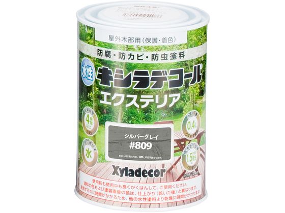 【商品説明】●木材保護塗料のトップブランド「キシラデコール」の水性タイプ●木材の内部に浸透し、内部から防腐・防カビ・防虫効果を発揮します。●水性だから臭いが少なく作業性抜群。用具の後始末も水でできるから取り扱いが簡単です。●油性キシラデコールと同等の高い耐候性と保護性能を誇ります。【仕様】●容量：0．4L●色：シルバーグレイ●商品サイズ（幅×奥行×高さ）：85φ×125●商品重量（g）：490●乾燥時間：約4時間（20℃）●重ね塗り時間：4時間以上●塗り面積（m2）：約　1．6〜2．4●塗り重ね回数：2回【備考】※メーカーの都合により、パッケージ・仕様等は予告なく変更になる場合がございます。【検索用キーワード】カンペハピオ　かんぺはぴお　KanpeHapio　水性キシラデコールエクステリアSシルバーグレイ0．4L　カンペハピオ　キシラデコール　エクステリアS　シルバーグレイ　0．4L　土木　建築資材　塗装　養生　内装用品　X034RM木材保護塗料のトップブランド「キシラデコール」の水性タイプ
