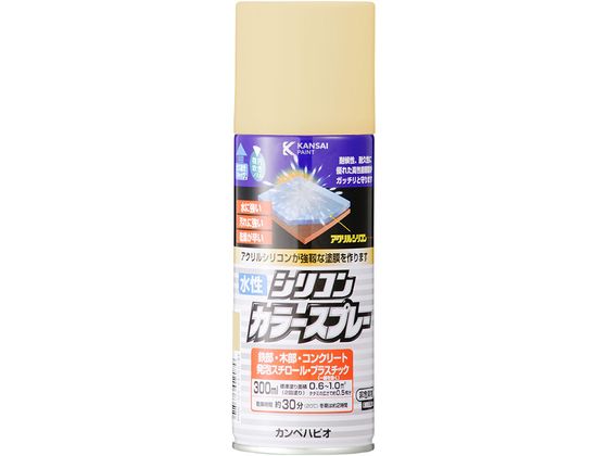 【商品説明】●高耐久アクリル・シリコン樹脂配合だから紫外線・排ガス・雪・酸性雨などに耐久性に優れた汚れに強い塗膜を作ります。●臭いが少なく、いろいろな素材に塗れる水性タイプ。※乾くと雨や水で流れ落ちる事はありません。【仕様】●容量：300ml●色：アイボリー●商品サイズ（幅×奥行×高さ）：60φ×188●商品重量（g）：340●乾燥時間：約30分（20℃）　約2時間（冬期）●重ね塗り時間：2時間以上（20℃）　4時間以上（冬期）●塗り面積（m2）：約　0．6〜1．0●塗り重ね回数：2回【備考】※メーカーの都合により、パッケージ・仕様等は予告なく変更になる場合がございます。【検索用キーワード】カンペハピオ　かんぺはぴお　KanpeHapio　水性シリコンカラースプレーアイボリー300ml　カンペハピオ　水性シリコンカラースプレー　アイボリー　300ml　土木　建築資材　塗装　養生　内装用品　X084RM「アクリル・シリコン樹脂」を配合する事で、汚れに強い丈夫な塗膜を作ります
