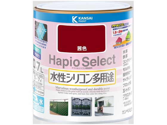 【商品説明】●高耐久アクリル・シリコン樹脂配合だから紫外線・排ガス・雪・酸性雨など外敵から建物を守り、長期間風合い・ツヤを保ちます。●臭いが少なく、乾燥も速く、使いやすい水性タイプ。※乾くと雨や水で流れ落ちる事はありません。●防カビ剤配合だから外壁・水まわりなどをカビの発生から守ります。●防サビ配合だから鉄部をサビの発生から守ります。【仕様】●容量：0．7L●色：茜色●商品サイズ（幅×奥行×高さ）：119φ×121●商品重量（g）：990●乾燥時間：約1時間（20℃）　約2時間（冬期）●重ね塗り時間：4時間以上（20℃）　6時間以上（冬期）●塗り面積（m2）：約　5〜7●塗り重ね回数：1回【備考】※メーカーの都合により、パッケージ・仕様等は予告なく変更になる場合がございます。【検索用キーワード】カンペハピオ　かんぺはぴお　KanpeHapio　ハピオセレクト茜色0．7L　カンペハピオ　ハピオセレクト　茜色　0．7L　土木　建築資材　塗装　養生　内装用品　X275RM紫外線・排ガス・雪・酸性雨など外敵から建物を守り、長期間風合い・ツヤを保ちます