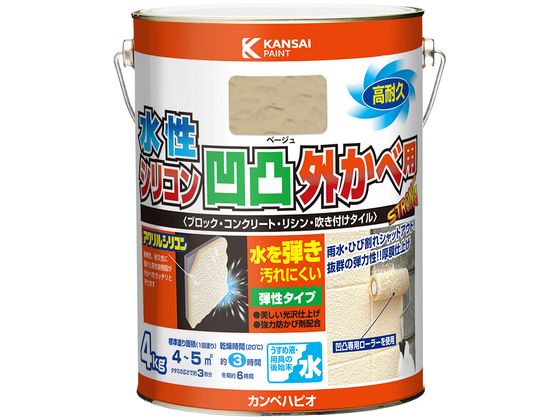 【商品説明】●特殊ラッテックスゴム配合だから塗膜に柔軟性があり、外壁、ブロック塀のヒビ割れに追従し、雨水の浸入を防ぎます。専用ローラーを使用すれば高級感溢れる「凹凸模様」に仕上がります。●高耐久アクリル・シリコン樹脂配合だから紫外線・排ガス・雪・酸性雨など外敵から建物を守り、長期間風合い・ツヤを保ちます。●臭いが少なく、乾燥も速く、使いやすい水性タイプ。※乾くと雨や水で流れ落ちる事はありません。【仕様】●容量：4k●色：ベージュ●商品サイズ（幅×奥行×高さ）：169φ×223●商品重量（g）：4150●乾燥時間：約3時間（20℃）　約6時間（冬期）●重ね塗り時間：4時間以上（20℃）　6時間以上（冬期）●塗り面積（m2）：約　16〜20●塗り重ね回数：1回【備考】※メーカーの都合により、パッケージ・仕様等は予告なく変更になる場合がございます。【検索用キーワード】カンペハピオ　かんぺはぴお　KanpeHapio　水性シリコン凹凸外かべ用ベージュ4K　カンペハピオ　水性シリコン凹凸外かべ用　ベージュ　4K　土木　建築資材　塗装　養生　内装用品　X412RM外壁、ブロック塀のヒビ割れに追従し、雨水の浸入を防ぎます。