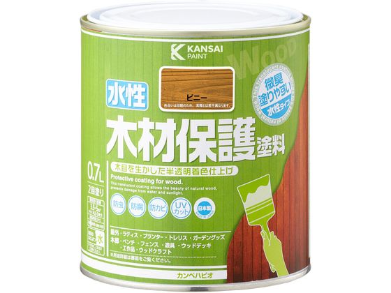 【商品説明】●木目をいかしたまま表面に塗膜を作らず着色するので、木材の持つ自然な風合いを引き立たせます。●木材保護成分も配合されているので防虫・防腐・防カビ・防藻・UVカット効果を発揮します。●臭いが少なく、乾燥も速く、使いやすい水性タイプ。取り扱いが簡単だから女性や塗装初心者、ガーデングッズなどの塗装にピッタリです。※乾くと雨や水で流れ落ちる事はありません。【仕様】●容量：0．7L●色：ピニー●商品サイズ（幅×奥行×高さ）：119φ×121●商品重量（g）：921●乾燥時間：　約1時間（20℃）　約2時間（冬期）●重ね塗り時間：2時間以上（20℃）●塗り面積（m2）：約　3．5〜5●塗り重ね回数：2回【備考】※メーカーの都合により、パッケージ・仕様等は予告なく変更になる場合がございます。【検索用キーワード】カンペハピオ　かんぺはぴお　KanpeHapio　水性木材保護塗料ピニー0．7L　カンペハピオ　水性木材保護塗料　ピニー　0．7L　土木　建築資材　塗装　養生　内装用品　X427RM木目を生かした半透明カラー着色仕上げ。
