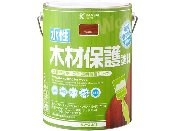 【商品説明】●木目をいかしたまま表面に塗膜を作らず着色するので、木材の持つ自然な風合いを引き立たせます。●木材保護成分も配合されているので防虫・防腐・防カビ・防藻・UVカット効果を発揮します。●臭いが少なく、乾燥も速く、使いやすい水性タイプ。取り扱いが簡単だから女性や塗装初心者、ガーデングッズなどの塗装にピッタリです。※乾くと雨や水で流れ落ちる事はありません。【仕様】●容量：3L●色：マホガニー●商品サイズ（幅×奥行×高さ）：169φ×223●商品重量（g）：3790●乾燥時間：　約1時間（20℃）　約2時間（冬期）●重ね塗り時間：2時間以上（20℃）●塗り面積（m2）：約　15〜21．3●塗り重ね回数：2回【備考】※メーカーの都合により、パッケージ・仕様等は予告なく変更になる場合がございます。【検索用キーワード】カンペハピオ　かんぺはぴお　KanpeHapio　水性木材保護塗料マホガ二ー3L　カンペハピオ　水性木材保護塗料　マホガ二ー　3L　土木　建築資材　塗装　養生　内装用品　X437RM木目を生かした半透明カラー着色仕上げ。