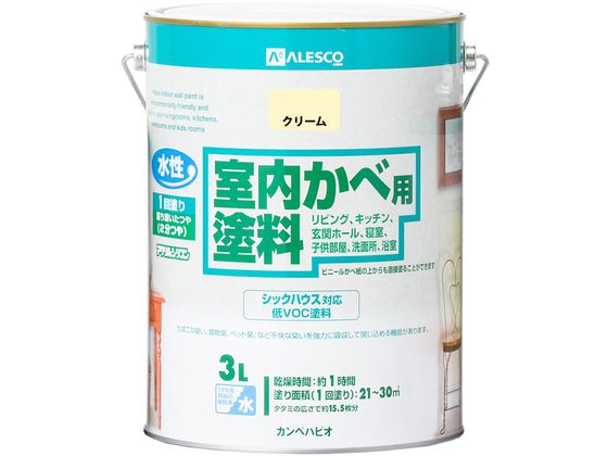 【商品説明】●ビニールクロスの上から直接塗れる室内かべ用塗料●タバコ・ペット・アンモニアなど生活不快臭を除去します。●シックハウス症候群の原因となるホルムアルデヒドを吸着、無害化します。【仕様】●容量：3L●色：クリーム●商品サイズ（幅×奥行×高さ）：169φ×223●商品重量（g）：4612●乾燥時間：約1時間（20℃）　約2時間（冬期）●重ね塗り時間：2時間以上（20℃）　4時間以上（冬期）●塗り面積（m2）：約　21〜30●塗り重ね回数：1回【備考】※メーカーの都合により、パッケージ・仕様等は予告なく変更になる場合がございます。【検索用キーワード】カンペハピオ　かんぺはぴお　KanpeHapio　室内かべ用塗料クリーム3L　カンペハピオ　室内かべ用塗料　クリーム　3L　土木　建築資材　塗装　養生　内装用品　X586RMビニールクロスの上から直接塗れる室内かべ用塗料