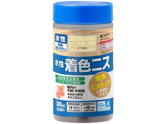 【商品説明】●木目を生かした着色と美しいツヤの二ス仕上げが同時にできます。●臭いが少なく、乾燥も速く、使いやすい水性タイプ。※乾くと水で流れ落ちる事はありません。●シックハウスに対応したF☆☆☆☆及び食品衛生法に適合した安全性の高い二スです。【仕様】●容量：300ml●色：とうめい●商品サイズ（幅×奥行×高さ）：65φ×130●商品重量（g）：350●乾燥時間：約1時間30分（20℃）　約3時間（冬期）●重ね塗り時間：約3時間以上（20℃）　約6時間以上（冬期）●塗り面積（m2）：約　1．8〜2．1●塗り重ね回数：2回【備考】※メーカーの都合により、パッケージ・仕様等は予告なく変更になる場合がございます。【検索用キーワード】カンペハピオ　かんぺはぴお　KanpeHapio　水性着色ニスとうめい300ml　カンペハピオ　水性着色ニス　とうめい　300ml　土木　建築資材　塗装　養生　内装用品　X600RM木目を生かした着色と美しいツヤの二ス仕上げが同時にできます。