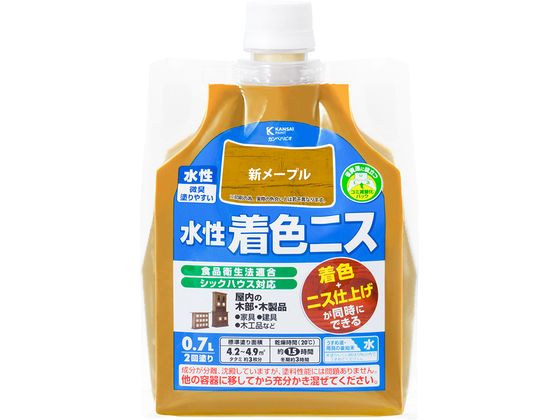 【商品説明】●木目を生かした着色と美しいツヤの二ス仕上げが同時にできます。●臭いが少なく、乾燥も速く、使いやすい水性タイプ。※乾くと水で流れ落ちる事はありません。●シックハウスに対応したF☆☆☆☆及び食品衛生法に適合した安全性の高い二スです。【仕様】●容量：0．7L●色：新メープル●商品サイズ（幅×奥行×高さ）：125×60×180●商品重量（g）：722●乾燥時間：約1時間30分（20℃）　約3時間（冬期）●重ね塗り時間：約3時間以上（20℃）　約6時間以上（冬期）●塗り面積（m2）：約　4．2〜4．9●塗り重ね回数：2回【備考】※メーカーの都合により、パッケージ・仕様等は予告なく変更になる場合がございます。【検索用キーワード】カンペハピオ　かんぺはぴお　KanpeHapio　水性着色ニス新メープル0．7L　カンペハピオ　水性着色ニス　新メープル　0．7L　土木　建築資材　塗装　養生　内装用品　X609RM木目を生かした着色と美しいツヤの二ス仕上げが同時にできます。