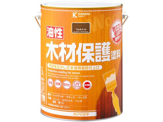 【商品説明】●木目をいかしたまま表面に塗膜を作らず着色するので、木材の持つ自然な風合いを引き立たせます。●木材保護成分も配合されているので防虫・防腐・防カビ・防藻・UVカット効果を発揮します。●浸透性に優れ、耐久力が高い油性タイプ。保護効果が高いので傷みやすいウッドデッキや木製外壁などに適しています。【塗れるもの】●ウッドデッキ・ラティス【仕様】●容量：3L●色：ウォルナット●商品サイズ（幅×奥行×高さ）：169φ×223●商品重量（g）：3045●乾燥時間：　約8時間（20℃）　約12時間（冬期）●重ね塗り時間：2時間以上（20℃）●塗り面積（m2）：約　15〜21．3●塗り重ね回数：2回【備考】※メーカーの都合により、パッケージ・仕様等は予告なく変更になる場合がございます。【検索用キーワード】カンペハピオ　かんぺはぴお　KanpeHapio　油性木材保護塗料ウォルナット3L　カンペハピオ　油性木材保護塗料　ウォルナット　3L　土木　建築資材　塗装　養生　内装用品　X790RM木目を生かして塗膜を作らず着色するので、木材の持つ自然な風合いを引き立たせます