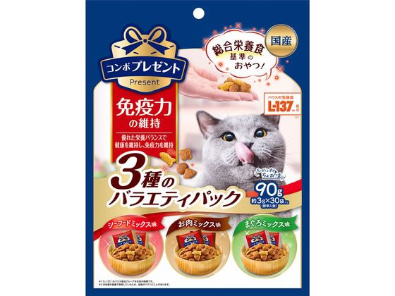【商品説明】おいしくカラダにやさしい幸せおやつ！3種バラエティパック。優れた栄養バランスで免疫力を維持。【仕様】●内容量：90g【備考】※メーカーの都合により、パッケージ・仕様等は予告なく変更になる場合がございます。【検索用キーワード】日本ペットフード　ニホンペットフード　にほんぺっとふーど　コンボプレゼントキャットおやつ免疫力の維持3種のバラエティパック90g　コンボプレゼント　コンボ　プレゼント　キャット　おやつ　免疫力の維持3種のバラエティパック　90g　コンボ　プレゼント　キャット　成猫用　1歳から7歳　総合栄養食　免疫力の維持　小分けパックタイプ　ペットフード　キャットフード　エサ　餌　えさ　キャット　猫　ネコ　ねこ　ペット用品　猫　キャットフード　おやつ　猫　X700RVおいしくカラダにやさしい幸せおやつ！優れた栄養バランスで免疫力を維持。