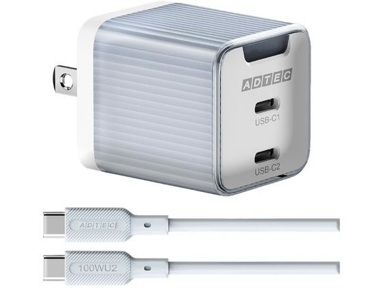 アドテック PD対応 AC充電器 GaN USB TypeC 2ポート ケーブル付 AC式充電器 バッテリー 充電器 スマホ ..