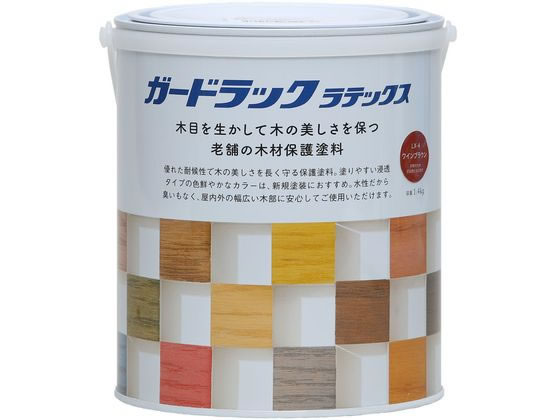【商品説明】防虫・防腐・防カビ効果。木の表面に膜を作らない、木に染みこんで保護する塗料です。新しい材料の塗装に最適です。臭いが少なく、簡単に塗ることができます。【仕様】●商品サイズ（約）：縦幅145×横幅148×高さ163mm●商品重量（約）：1．88kg●容量：1．4kg●カラー：ワインブラウン（LX−4）●塗り面積（2回塗りの目安／約）：14m2／畳8．5枚●乾燥時間：一晩養生／20℃、［塗り重ね］約2時間／20℃●うすめ液：水（水道水）【備考】※メーカーの都合により、パッケージ・仕様等は予告なく変更になる場合がございます。【検索用キーワード】和信ペイント　＃800443　Gラックラテックス　ワインブラウン1．4kg　＃800443　X550SP木目をいかす浸透タイプの水性木材保護塗料です。