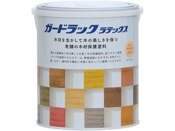 【商品説明】防虫・防腐・防カビ効果。木の表面に膜を作らない、木に染みこんで保護する塗料です。新しい材料の塗装に最適です。臭いが少なく、簡単に塗ることができます。【仕様】●商品サイズ（約）：縦幅145×横幅148×高さ163mm●商品重量（約）：1．88kg●容量：1．4kg●カラー：ナチュラル（LX−17）●塗り面積（2回塗りの目安／約）：14m2／畳8．5枚●乾燥時間：一晩養生／20℃、［塗り重ね］約2時間／20℃●うすめ液：水（水道水）【備考】※メーカーの都合により、パッケージ・仕様等は予告なく変更になる場合がございます。【検索用キーワード】和信ペイント　＃800449　Gラックラテックス　ナチュラル　1．4kg　＃800449　X422SN木目をいかす浸透タイプの水性木材保護塗料です。