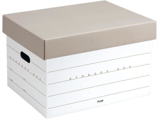 【商品説明】●オフィスで、お部屋で、見せる収納を実現した、スタイリッシュな保存用ボックス●耐荷重20kgまで耐えきれるので、さまざまなサンプル類や書類の収納に活躍します●外観が白く、タイトルなどの記入欄のデザインがシンプルです●使用しないときは畳んでコンパクトに保管できます【仕様】●カラー：グレー●材質：古紙パルプ配合率90％再生紙段ボール●規格：フタ式（分離タイプ）●耐荷重：約20kg●内形寸法：325×420×270mm●簡単ワンタッチ組立●グリーン購入法適合●GPNエコ商品ねっと掲載【備考】※メーカーの都合により、パッケージ・仕様等は予告なく変更になる場合がございます。【検索用キーワード】プラス　PLUS　ストレージボックス　収納ボックス　グレー　折りたたみ　耐荷重20kg　325×420×270mm　フタ式　分離タイプ　再生紙段ボール　古紙パルプ90％　コンパクト　ワンタッチ組立　ボックス型ファイル　ボックスファイル（紙製）　ボックス型ファイル　ボックスファイル（紙製）　X184SUスタイリッシュな収納ボックスで見せる収納！