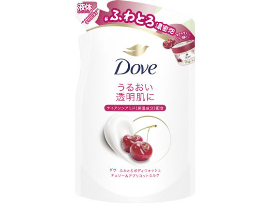 【商品説明】ふわとろ濃密泡で、うるおい透明肌に。ナイアシンアミド（保湿成分）と、たっぷりのふわふわクリーム（ヒドロキシステアリン酸、コカミドプロピルベタイン、ジグリセリン、グリセリン水溶液：保湿成分）を配合。うるおいを守りながら、洗うたび透明感のある肌へ導きます。ダヴふわとろクリーミースクラブとの一緒に使うのもおすすめ。チェリーとアプリコットミルクの甘さはじける香り（香料配合）。【仕様】●仕様：詰替●内容量：340g生産国：日本商品区分：化粧品メーカー：ユニリーバ・ジャパン広告文責：フォーレスト株式会社　0120-40-4016【備考】※メーカーの都合により、パッケージ・仕様等は予告なく変更になる場合がございます。【検索用キーワード】ダヴ　ふわとろボディウォッシュ　チェリー＆アプリコットミルク　詰替　340g　ユニリーバ　ゆにりーば　UNILEVER　ユニリーバ　DOVE　ボディウォッシュ　チェリー　アプリコットミルク　ふわふわ　濃密泡　うるおい　詰替え　詰め替え　つめかえ　ツメカエ　詰換え　詰め換え　レフィル　リフィル　0　0　0　0　0　0　0　0　0　スキンケア　バス・ボディケア　X011TCふわとろ濃密泡で、うるおい透明肌に。