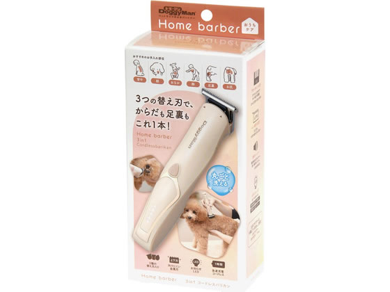 【商品説明】欠けにくい3種の上下金属刃（からだ刃・おなか刃・足裏刃）。砂や小石の巻き込みに強く、欠けにくい。丸ごと水洗いできる。本体も、刃も汚れスッキリ！ペットにも人にもやさしい刃先。平らで皮膚を傷つけにくい。約1時間の急速充電。お知らせLED（電池残量、充電中、充電完了、エラー）。アタッチメント付き（からだ刃用3／6／9mm）（おなか刃用3／4／5／6mmスライド式）。【仕様】●材質／ABS樹脂・ステンレス●商品使用時サイズ／約幅4×高さ15×奥行3．5cm（からだ刃装着時・アタッチメント含まず）●USBコード長／約1m●電源方式／充電式（蓄電池：リチウムイオン電池）●充電時間／約1時間●使用時間／約120分（定格時間15分）●セット内容／本体（おなか刃付き）、からだ刃、足裏刃、アタッチメント（からだ刃用3・6・9mm）（おなか刃用［スライド式］3・4・5・6mm）、オイル、お掃除ブラシ、USBコード、取扱説明書（保証書付き）【備考】※メーカーの都合により、パッケージ・仕様等は予告なく変更になる場合がございます。【検索用キーワード】どぎーまん　ドギーマン　doggyman　DoggyMan　doggy　Doggy　ホームバーバー　3in1　コードレスバリカン　ペット用品　ケア用品　犬（ドッグ）用　X599TGからだも足裏もこれ1本！