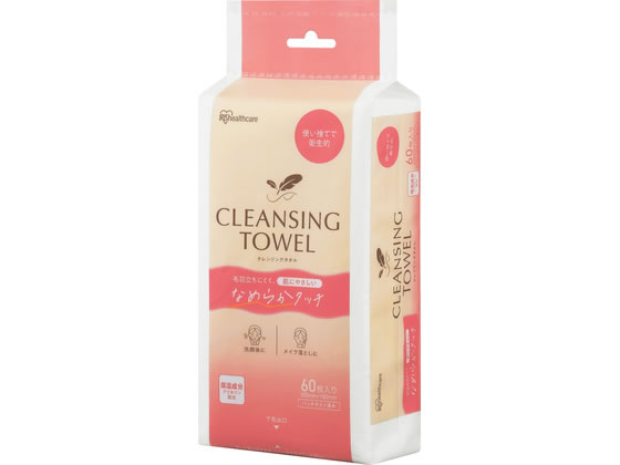 【商品説明】保湿成分グリセリンを配合しています。肌への刺激を軽減し、ふんわり厚手でなめらかな使い心地です。使い捨てなので衛生的です。クレンジングや洗顔後の拭き取り、マニキュア落としやフェイスパックにもお使いいただけます。吸水力が高く、水分を吸収しても丈夫で破れにくいです。1枚ずつ切れているので、片手で簡単に取り出せます。ヘッダー付きでフック掛けもできます。吊るした際に下部から取り出すこともできます。【仕様】●シートサイズ：約200×180mm●枚数：60枚入り【備考】※メーカーの都合により、パッケージ・仕様等は予告なく変更になる場合がございます。【検索用キーワード】アイリスオーヤマ　あいりすおーやま　IRISOHYAMA　アイリス　あいりす　IRIS　クレンジングタオル　なめらかタッチ　60枚入　クレンジングタオル　なめらかタッチ　クレンジングタオル　日用品　雑貨　フェイシャル　フェイシャルタオル　BTSC−60　BTSC60　洗顔　使い捨て　衛生的　清潔　肌にやさしい　BOX　大容量　雑菌　摩擦　肌荒れ　残留物　タオル　手軽　破れにくい　掃除　吸収　毛羽立ちにくい　キレイ　スキンケア　フェイスケア　X805TG毛羽立ちにくく、肌にやさしいクレンジングタオルです。