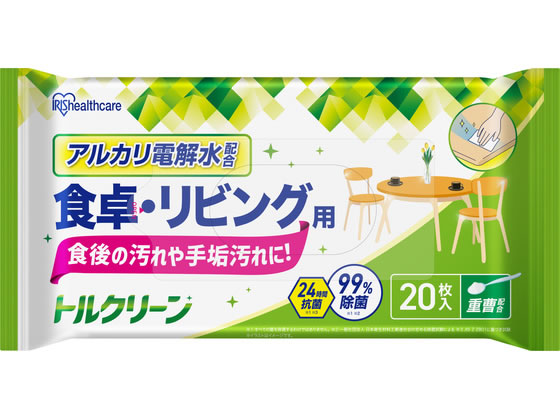 【商品説明】メッシュシートで汚れをキャッチします。アルカリ電解水と重曹配合で、食べこぼしや皮脂・手垢汚れもすっきり落とします。24時間抗菌します（すべての菌を除菌するわけではありません。JIS　Z　2801に基づき試験）。99％除菌します（すべての菌を除菌するわけではありません。一般社団法人　日本衛生材料工業連合会の定める除菌試験による）。【仕様】●成分：水、エタノール、アルカリ電解水、炭酸水素ナトリウム、除菌剤、防腐剤●シートサイズ：約200×300mm●枚数：20枚【備考】※メーカーの都合により、パッケージ・仕様等は予告なく変更になる場合がございます。【検索用キーワード】アイリスオーヤマ　あいりすおーやま　IRISOHYAMA　アイリス　あいりす　IRIS　トルクリーン　キッチンクリーナー　食卓・リビング用　20枚入　トルクリーン　キッチンクリーナー　食卓・リビング用　トルクリーン　キッチンクリーナー　トルクリーン　キッチンクリーナー　清掃用品　1パック　T−KT20　TKT20　リビング　フローリング　テーブル　ホコリ　油汚れ　油　皮脂　アルカリ電解水　重曹　除菌　抗菌　衛生的　清潔　掃除　清掃　清掃シート　洗剤なし　簡単　キレイ　無香料　使い分け　トルクリーン　汚れ取り　大掃除　洗剤　キッチン、厨房用洗剤　X608THキッチン各所の拭き掃除が手軽にできるキッチンクリーナーです。