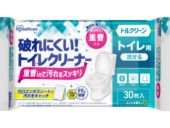 【商品説明】凹凸エンボスシートで汚れをキャッチします。重曹入りで黄ばみや黒ズミもすっきり落とします。24時間抗菌します（すべての菌を除菌するわけではありません。JIS　Z　2801に基づき試験）。99％除菌します（すべての菌を除菌するわけではありません。一般社団法人　日本衛生材料工業連合会の定める除菌試験による）。使用後はトイレに流せます。ミントの香り付きです。【仕様】●成分：水、エタノール、グリコール、防腐剤、除菌剤、界面活性剤、香料、炭酸水素ナトリウム●シートサイズ：約155×220mm●枚数：30枚【備考】※メーカーの都合により、パッケージ・仕様等は予告なく変更になる場合がございます。【検索用キーワード】アイリスオーヤマ　あいりすおーやま　IRISOHYAMA　アイリス　あいりす　IRIS　トルクリーン　トイレクリーナー薄手　30枚入　トルクリーン　トイレクリーナー薄手　トルクリーン　トイレクリーナー　トルクリーン　トイレクリーナー　清掃用品　1パック　T−TU30　TTU30　流せる　トイレ掃除シート　除菌　抗菌　丈夫　強化パルプ紙　重曹　黄ばみ　汚れ　凸凹　エンボス　エンボス加工　使い捨て　使い捨てシート　便器　便座　床　壁　落ちる　汚れ落ち　清掃用品　トイレ清掃用品　X609THトイレの拭き掃除が手軽にできるトイレクリーナーです。