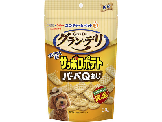 【商品説明】サクッとした食感とお肉の旨みが楽しめるワンちゃん専用サッポロポテトバーベQあじです【仕様】●内容量：20g【備考】※メーカーの都合により、パッケージ・仕様等は予告なく変更になる場合がございます。【検索用キーワード】ゆにちゃーむ　グラン・デリ　ワンちゃん専用　サッポロポテト　バーベQあじ　20g　グランデリ　全犬種　成犬用　1歳から7歳　間食　無　g　グラム　ペットフード　ドッグフード　ドックフード　エサ　餌　えさ　ペット用品　犬（ドッグフード）　おやつ（犬）　X541TKサッポロポテトのワンちゃん専用品です。