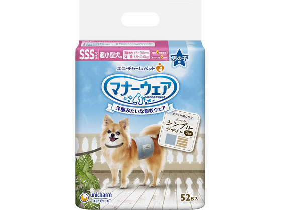 【商品説明】ワンちゃんと一緒におでかけが楽しめる紙オムツです。【仕様】●入数：52枚【備考】※メーカーの都合により、パッケージ・仕様等は予告なく変更になる場合がございます。【検索用キーワード】ゆにちゃーむ　マナーウェア　男の子用　SSS　モカストライプ・ライトブルージーンズ　52枚　マナーウェア　超小型犬　SSS　無　52枚　ペット用品　トイレタリー　犬（ドッグ）用　X544TKマナーウェアは、マーキング・そそうにも安心。