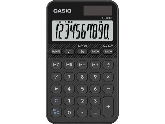 【商品説明】電卓に、選ぶ楽しさと自分らしさを。計算するための道具から、個性を映す文房具のようなパーソナルなアイテムへ。鮮やかなカラーが、毎日の計算をわくわくするひとときに。【仕様】●製品タイプ：手帳タイプ（携帯に便利）●サイズ（奥行×幅×高さ）：120　×　70　×　8．6　mm●質量：53　g●桁数：10桁●製品特長：時間計算機能、税計算（税額計算や税率の変更可能）●電源：T・W・P（ソーラー・電池の2電源）、電池　LR54　×　1、電池寿命　約3年（1日1時間使用時）、オートパワーオフ【備考】※メーカーの都合により、パッケージ・仕様等は予告なく変更になる場合がございます。【検索用キーワード】カシオ計算機　Casio　SL−300D−BK−N　SL300D　BK　N　電卓　手帳タイプ　小型　軽量　携帯用　ブラック　黒　計算機　携帯　一般・実務電卓　電卓　一般・実務電卓　X968TK鮮やかなカラーの小型軽量で携帯に便利な手帳タイプ。