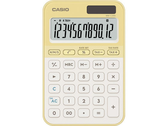 【お取り寄せ】カシオ カラフル電卓 ミニジャストタイプ ライトイエロー MW-C20D-LY-N