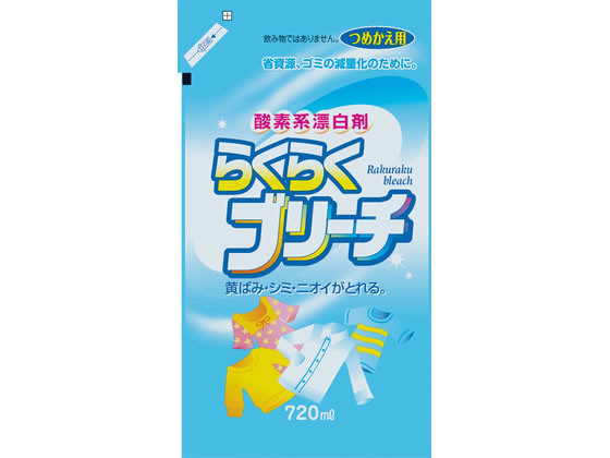 【商品説明】色柄物も安心黄ばみ・シミをすっきり落とす酸素系漂白剤【仕様】●仕様：詰替用●注文単位：1個●内容量：720mL●日本製【備考】※メーカーの都合により、パッケージ・仕様等は予告なく変更になる場合がございます。【検索用キーワード】ロケット石鹸　らくらくブリーチ　詰替　720mL　ロケット石鹸　ろけっと石鹸　ROKET　ロケット石鹸　らくらくブリーチ　シミ　衣類　漂白剤　黄ばみ　洋服　洗剤　衣料用洗剤　X159TM色柄物も安心黄ばみ・シミをすっきり落とす酸素系漂白剤