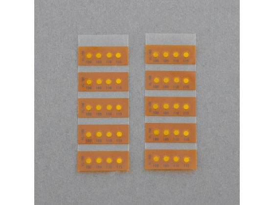 【仕様】●メーカー…日油技研工業　●型番…VL−100　●商品名…真空用サーモラベル　●表示温度…100・105・110・115℃　●変色前…淡黄　●変色後…黒　●サイズ…8×20mm　●材質…フィルム、示温インキ、紙、接着剤　●入数…10枚　●変色精度…±2℃　●用途…エッチング、真空蒸着、加工工程時の温度管理　●仕様…不可逆性　●4点式　●1Pa〜常圧下の温度が一目でわかります。　●減圧条件下でも変色温度±2℃〜4℃で測定可能です。　●ラベルからのアウトガスを抑えるために、構成材料にローアウトガスのものを使用しています。　●本製品を切断するなど形状を変更して使用しないこと。変色性能が変動したり耐久性が低下したりする恐れがあります。　●230℃未満で使用してください。230℃以上では想定以上のアウトガスが発生する恐れがあります。　●ラベルをはがす際は、常温（20℃）付近に冷めてから速やかにピンセット等ではがしてください。常温以下に冷却したり、長時間はり続けたりするとラベルがはがれにくくなります。また、ラベルをはがした際、貼付面に粘着材が残った場合はシンナー等で拭きとることができます。【備考】※メーカーの都合により、パッケージ・仕様等は予告なく変更になる場合がございます。【検索用キーワード】エスコ　えすこ　ESCO　Esco　テスター及び計測器　温度　湿度計　温度管理用ラベル　サーモラベル　100〜115℃示温材（真空用サーモラベル　10枚　100〜115℃示温材（真空用サーモラベル　10枚　EA722ZG−100　EA722ZG100　生産加工用品　計測機器　日油技研工業　ニチユギケンコウギョウ　にちゆぎけんこうぎょう　X081TJ