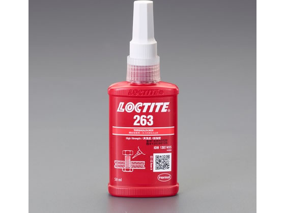【仕様】●メーカー…LOCTITE（ロックタイト）　●型番…1307415　●商品名…263　●内容量…50ml　●色…赤　●使用温度…−55〜180℃　●硬化時間…10分　※完全硬化時間とは異なります。　●粘度…400〜600mPa・s　●脱出トルク…33Nm　（M10鋼ボルト・ナットを使用し、ISO10964に基づき試験）　●重量…78g　●嫌気性接着剤　●中粘度、高接着　●永久固定タイプ　●ねじ部品の永久固定やシール用に　●活性金属（真鍮、銅など）だけでなく、ステンレスやメッキ表面のような不活性な被着体にも使用できます。　●金属接合部で空気の供給を断つことによって硬化し、衝撃、振動によるゆるみや漏れを防止します。　●高い耐熱性と油面接着性を有するため、切削油、潤滑油、防錆油、部品保護剤等の若干の付着に対して適用可能です。　●モーターハウジングのスタッドボルトのように高強度が要求される用途に最適です。　●加熱することで取り外し可能です。【備考】※メーカーの都合により、パッケージ・仕様等は予告なく変更になる場合がございます。【検索用キーワード】エスコ　えすこ　ESCO　Esco　粘着テープ　接着剤　塗料　マーカー　グリース　潤滑剤　接着剤　はめあい接着ねじゆる止め剤（ヘンケル）　ねじ緩み止め剤　ねじゆるみ止め剤　50mlねじゆるみ止め剤（高強度・中粘度　50ml　ねじゆるみ止め剤（高強度・中粘度　EA933AC−13　EA933AC13　潤滑・接着・補修・溶接用品　接着剤・補修材　LOCTITE　ロックタイト　ろっくたいと　X586TJ