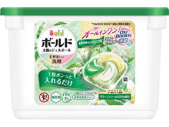 【商品説明】●液体洗剤よりアロマ2倍1step　で最速パーフェクト。●予洗いなしでも　まとめ洗いでも　すすぎ1回でも。●5つ星ホテル発想。グリーンティー＆ネロリの香り：清らかな緑茶の香りが漂い、ネロリのふんわり爽やかさが優しく舞う。心が澄むひと時。●強洗浄：洗い上がり輝く白さシワ　＆黄ばみ防止。アイロンがけが楽に！●ふんわり仕上げ：驚きの柔らかさ。●香り長続き：着ている間も華やか消臭成分2倍濃縮。【仕様】●仕様：本体●グリーンティー＆ネロリの香り●注文単位：1ケース（13個入）●日本製【備考】※メーカーの都合により、パッケージ・仕様等は予告なく変更になる場合がございます。【検索用キーワード】ボールド　ジェルボール　4D　グリーンティー＆ネロリ　本体　13個　P＆Gジャパン　ピーアンドジージャパン　ぴーあんどじーじゃぱん　ピーアンドジー　ぴーあんどじー　P＆G　ボールド　ジェルボール　本体　洗濯　洗剤　オールインワン　柔軟剤入り　消臭　予洗いなし　まとめ洗い　すすぎ3回　ふんわり　ふわふわ　グリーンティー　ネロリ　洗剤　衣料用洗剤　X794TX1粒でオールインワン！洗剤　＋　柔軟剤　＋　OXI　BOOST級消臭＊。