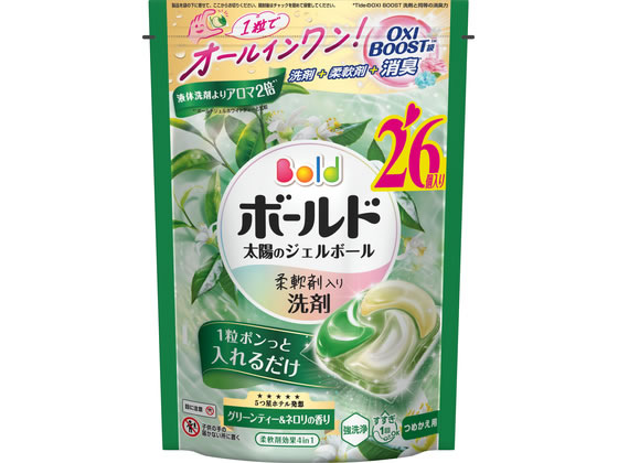 【商品説明】●液体洗剤よりアロマ2倍1step　で最速パーフェクト。●予洗いなしでも　まとめ洗いでも　すすぎ1回でも。●5つ星ホテル発想。グリーンティー＆ネロリの香り：清らかな緑茶の香りが漂い、ネロリのふんわり爽やかさが優しく舞う。心が澄むひと時。●強洗浄：洗い上がり輝く白さシワ　＆黄ばみ防止。アイロンがけが楽に！●ふんわり仕上げ：驚きの柔らかさ。●香り長続き：着ている間も華やか消臭成分2倍濃縮。【仕様】●仕様：つめかえ用●グリーンティー＆ネロリの香り●注文単位：1袋（26個入り）●日本製【備考】※メーカーの都合により、パッケージ・仕様等は予告なく変更になる場合がございます。【検索用キーワード】ボールド　ジェルボール　4D　グリーンティー＆ネロリ　詰替　ハイパージャンボ　26個　P＆Gジャパン　ピーアンドジージャパン　ぴーあんどじーじゃぱん　ピーアンドジー　ぴーあんどじー　P＆G　ボールド　ジェルボール　詰替　洗濯　洗剤　オールインワン　柔軟剤入り　消臭　予洗いなし　まとめ洗い　すすぎ3回　ふんわり　ふわふわ　グリーンティー　洗剤　衣料用洗剤　X797TX1粒でオールインワン！洗剤　＋　柔軟剤　＋　OXI　BOOST級消臭＊。