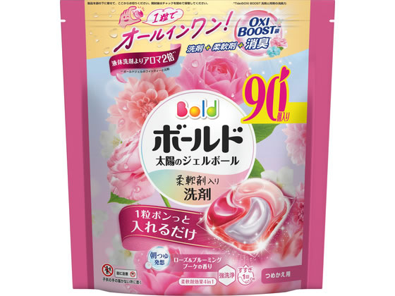 【商品説明】●液体洗剤よりアロマ2倍1step　で最速パーフェクト。●予洗いなしでも　まとめ洗いでも　すすぎ1回でも。●朝つゆ発想ローズ＆ブルーミングブーケの香り：華やかなローズとピオニーの甘い香りが、朝露したたるブーケのように咲き誇り、幸せな空間へ誘う。●強洗浄：洗い上がり輝く白さシワ　＆黄ばみ防止。アイロンがけが楽に！●ふんわり仕上げ：驚きの柔らかさ。●香り長続き：着ている間も華やか消臭成分2倍濃縮。【仕様】●仕様：つめかえ用●ローズ＆ブルーミングブーケの香り●注文単位：1袋（90個入り）●日本製【備考】※メーカーの都合により、パッケージ・仕様等は予告なく変更になる場合がございます。【検索用キーワード】ボールド　ジェルボール　4D　ローズ＆ブルーミングブーケ　詰替　テラジャンボ　90個　P＆Gジャパン　ピーアンドジージャパン　ぴーあんどじーじゃぱん　ピーアンドジー　ぴーあんどじー　P＆G　ボールド　ジェルボール　詰替　洗濯　洗剤　オールインワン　柔軟剤入り　消臭　予洗いなし　まとめ洗い　すすぎ3回　ふんわり　ふわふわ　ローズ　華やか　洗剤　衣料用洗剤　X803TX1粒でオールインワン！洗剤　＋　柔軟剤　＋　OXI　BOOST級消臭＊。