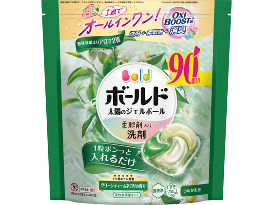 【商品説明】●液体洗剤よりアロマ2倍1step　で最速パーフェクト。●予洗いなしでも　まとめ洗いでも　すすぎ1回でも。●5つ星ホテル発想。グリーンティー＆ネロリの香り：清らかな緑茶の香りが漂い、ネロリのふんわり爽やかさが優しく舞う。心が澄むひと時。●強洗浄：洗い上がり輝く白さシワ＆黄ばみ防止。アイロンがけが楽に！●ふんわり仕上げ：驚きの柔らかさ。●香り長続き：着ている間も華やか消臭成分2倍濃縮。【仕様】●仕様：つめかえ用●グリーンティー＆ネロリの香り●注文単位：1袋（90個入り）●日本製【備考】※メーカーの都合により、パッケージ・仕様等は予告なく変更になる場合がございます。【検索用キーワード】ボールド　ジェルボール　4D　グリーンティー＆ネロリ　詰替　テラジャンボ　90個　P＆Gジャパン　ピーアンドジージャパン　ぴーあんどじーじゃぱん　ピーアンドジー　ぴーあんどじー　P＆G　ボールド　ジェルボール　詰替　洗濯　洗剤　オールインワン　柔軟剤入り　消臭　予洗いなし　まとめ洗い　すすぎ3回　ふんわり　ふわふわ　グリーンティー　洗剤　衣料用洗剤　X805TX1粒でオールインワン！洗剤　＋　柔軟剤　＋　OXI　BOOST級消臭＊。